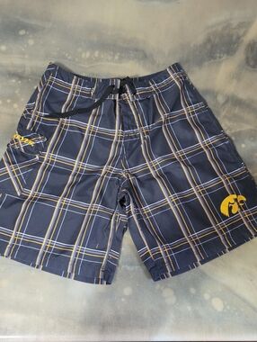 Men's Iowa Hawkeyes Black Plaid Swim Trunks with Yellow Logo